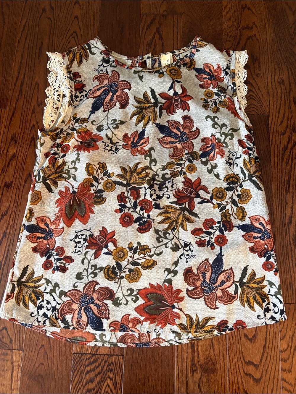 Women’s Floral Lace-Trim Tank Top - Ivory with Rust & Navy Floral